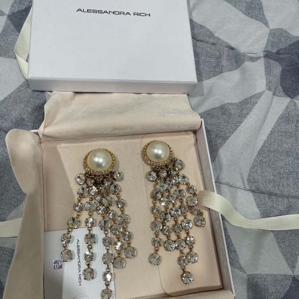 alessandra rich long dangling earrings with pearl and crystals